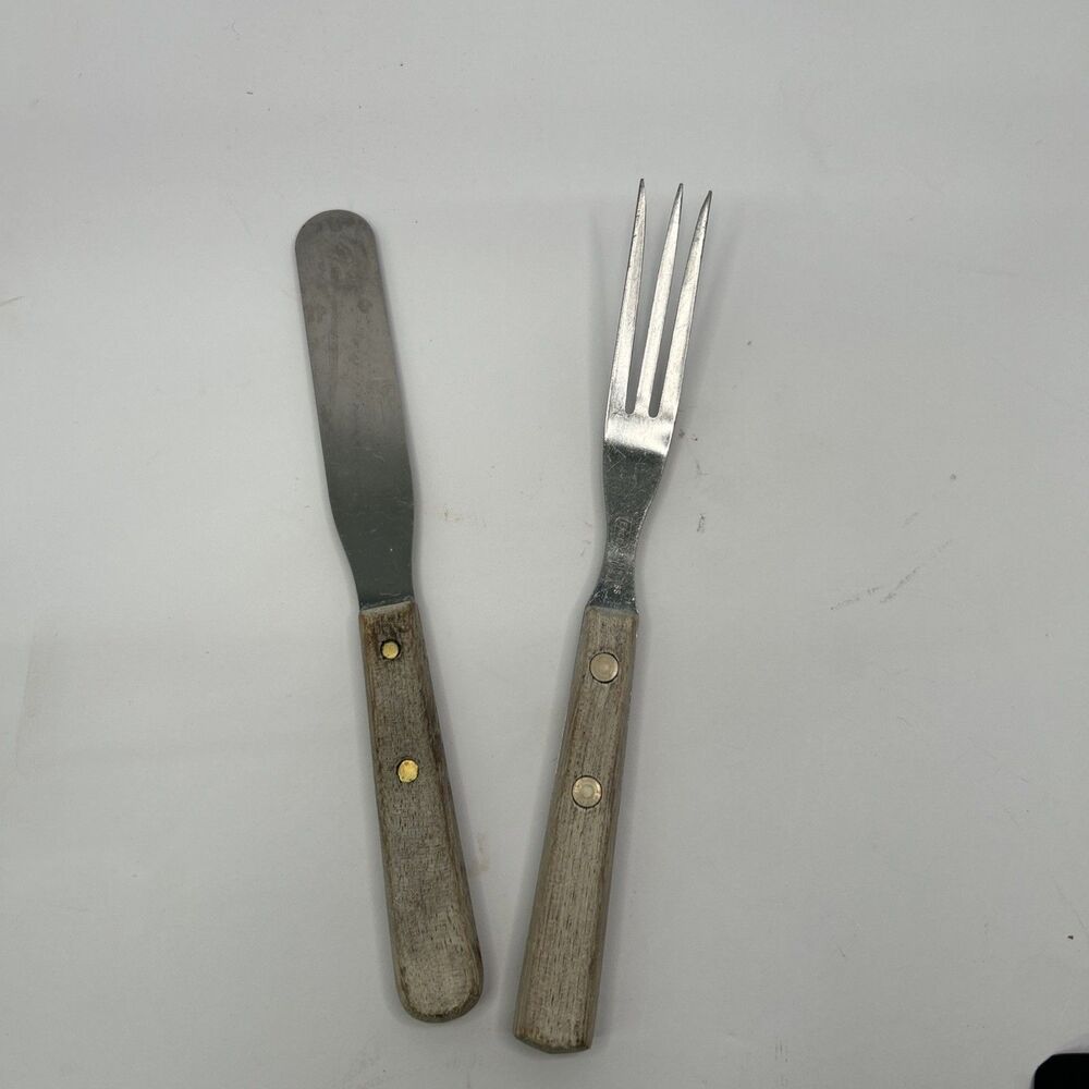 EKCO Stainless USA Wood Handle 3-Prong Granny Fork Spreader Set